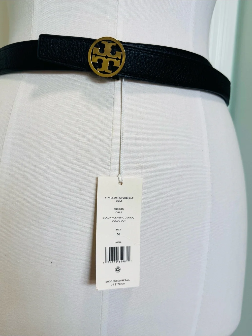 Tory Burch 1” Reversible Black /Brown Leather Belt with Gold Logo Disc